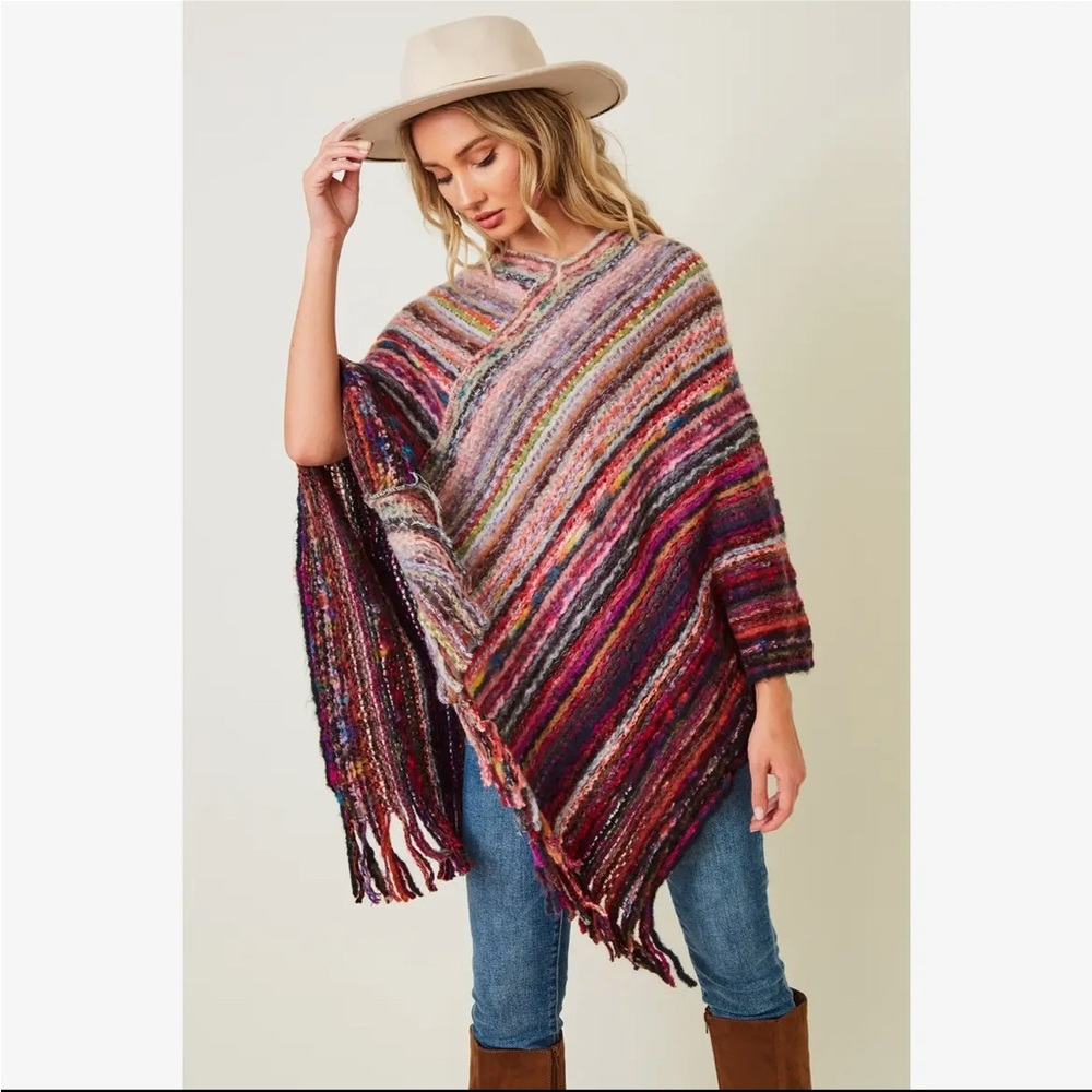 Multicolor Striped Fringe Poncho